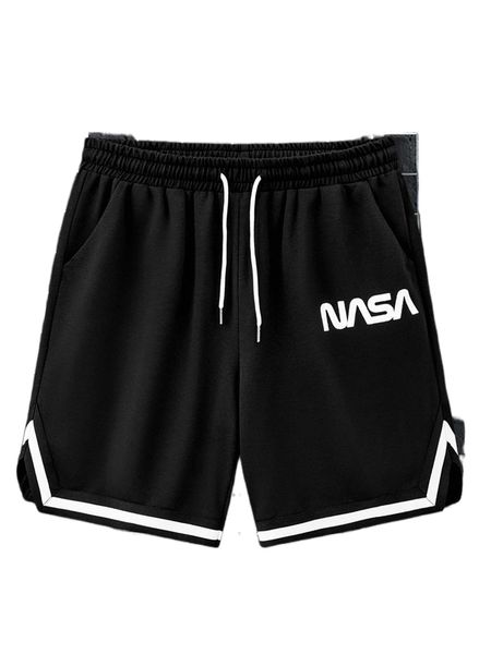 

men letter graphic striped trim drawstring waist shorts r2vg#, White;black