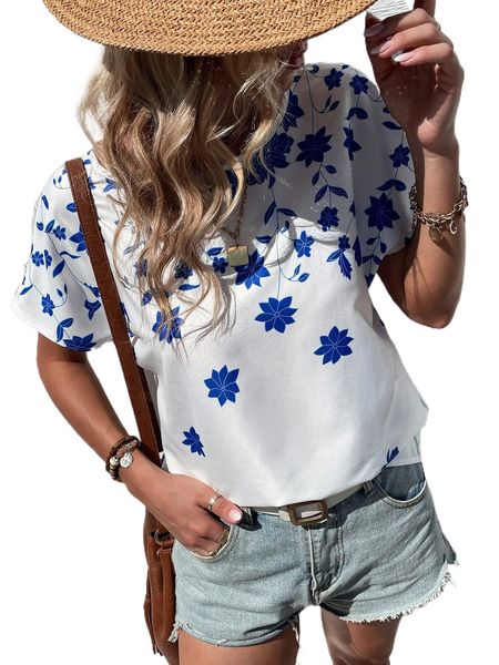 

floral print round neck blouse 86ks#, White