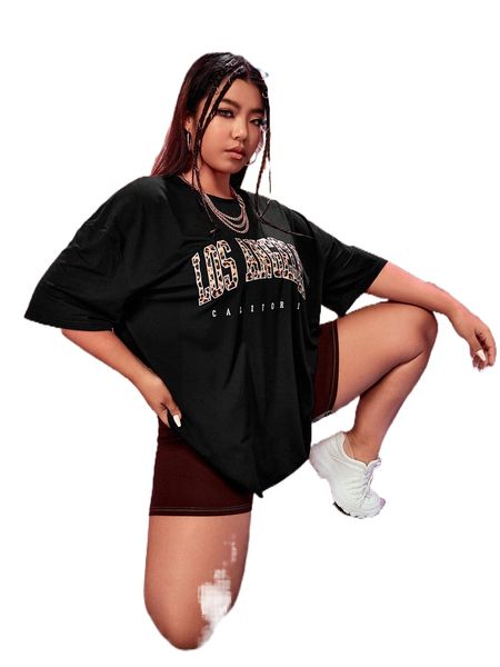 

plus leopard & letter graphic drop shoulder tee s1zo#, Black