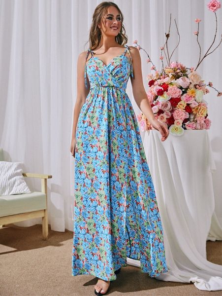 

sbetro floral tie shoulder split thigh dress p2ql#, Black;gray