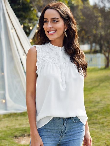 

shirred frilled half button blouse d5a8#, White