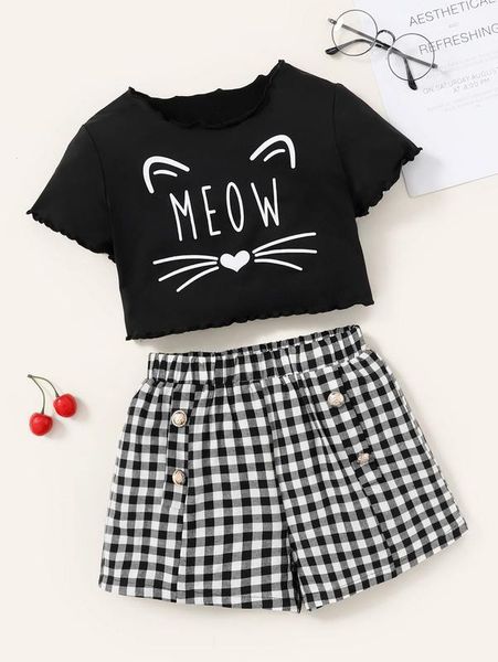 

girls letter & cartoon graphic lettuce trim tee & gingham shorts she, White