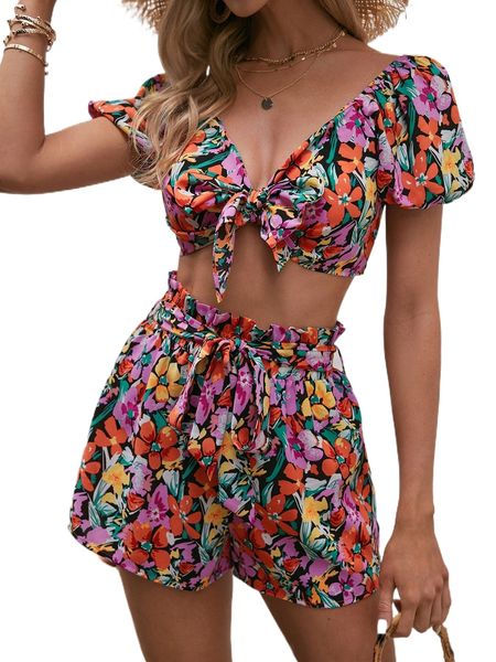

floral print tie front & belted paper bag waist shorts w9ee#, White
