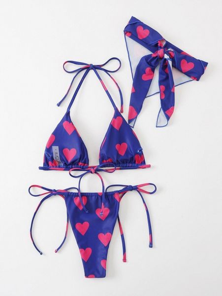 

3pack heart pattern triangle bikini swimsuit & kerchief 88cb#, White;black