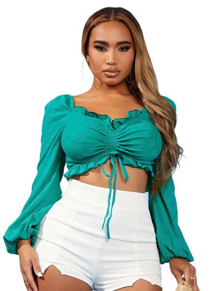 

sxy drawstring frill trim lantern sleeve crop blouse w4zh#, White