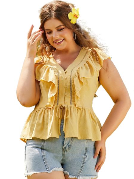 

sbetro plus ruffle trim knot front peplum blouse r2nr#, Black