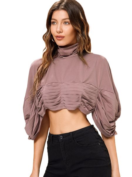 

x sooner or later cowl neck ruched pleated batwing sleeve crop r2v7#, White