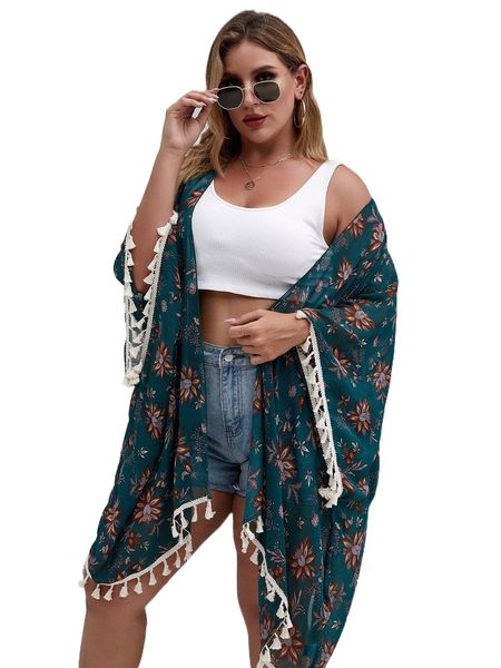 

plus floral print tassel trim kimono u2tw#, Black;gray
