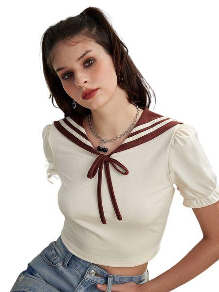 

romwe frill sailor collar knot crop tee f5ql#, White