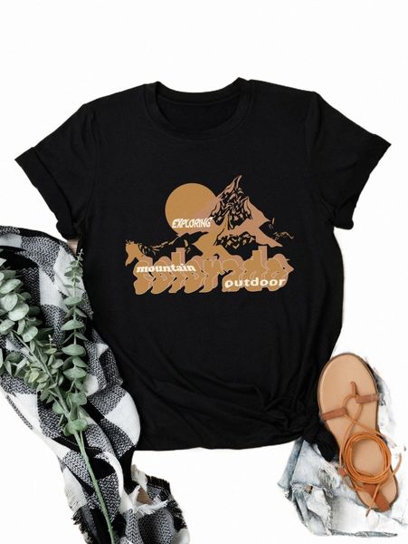 

plus mountain & slogan graphic tee p6sl#, Black