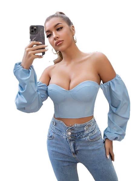 

d& off shoulder bishop sleeve bustier s5sw#, White