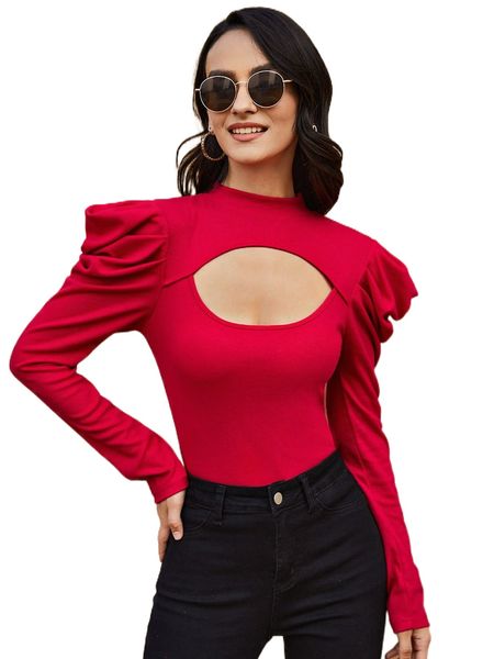 

peekaboo front puff sleeve tee 90j0#, White