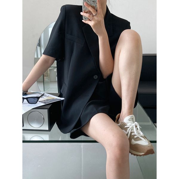 

women's suits & blazers summer thin short sleeve suit jacket + shorts casual loose suit two piece set, White;black