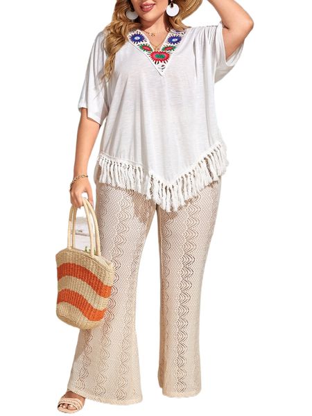 

plus embroidery fringe hem t-shirt k99l#, Black