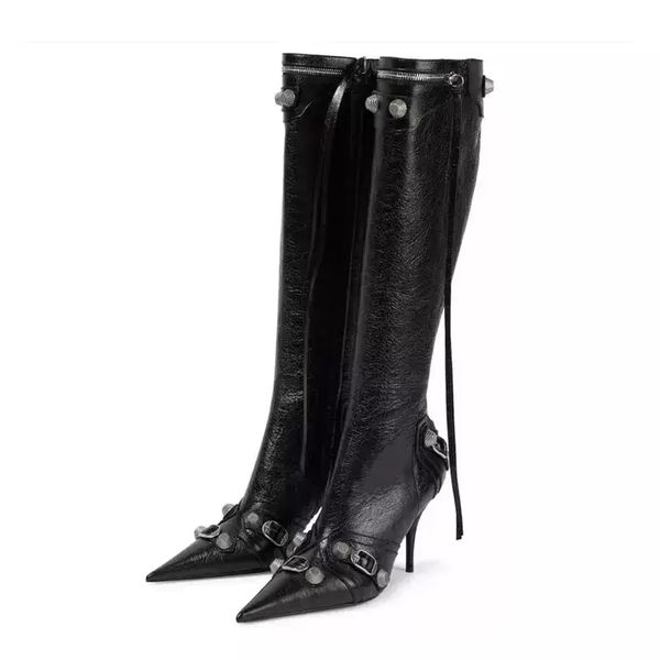 

women high heels boots woman pointed toe stilettos heel knee high boot ladies rivet retro luxury shoes and bag set, Black