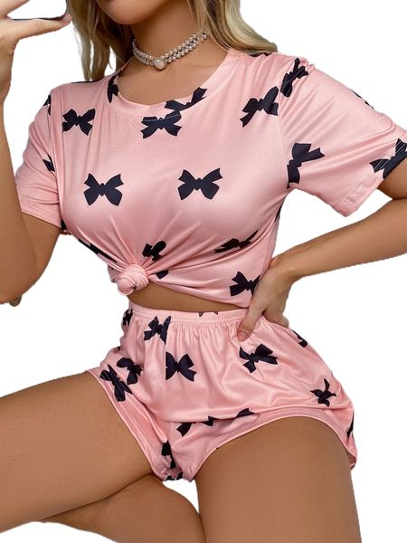 

bow print tee & shorts pj set k9cp#, Black;red