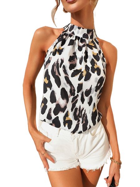 

allover print tie back halter blouse q1la#, White