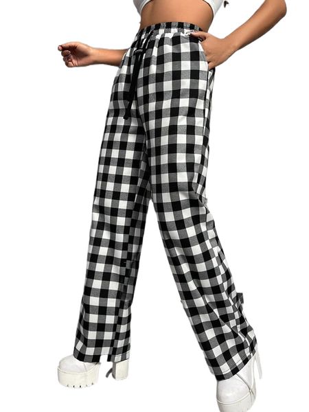 

letter patched buffalo plaid drawstring pants i3fl#, Black;white