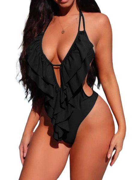 

plain tiered ruffle trim halter one piece swimsuit z6dk#, White;black