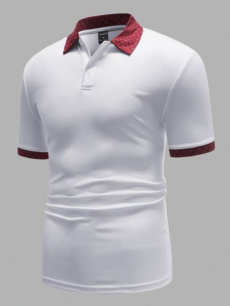 

men geo print contrast binding polo shirt c22i#, White;black