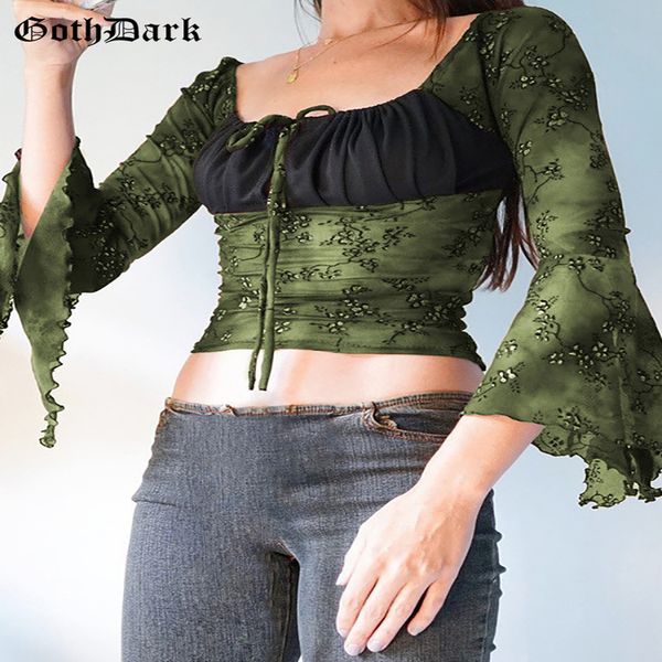 

goth dark vintage brown gothic flare sleeve tshirt grunge fairycore cropped autumn lettuce hem bandage milkmaid tee 220602, White