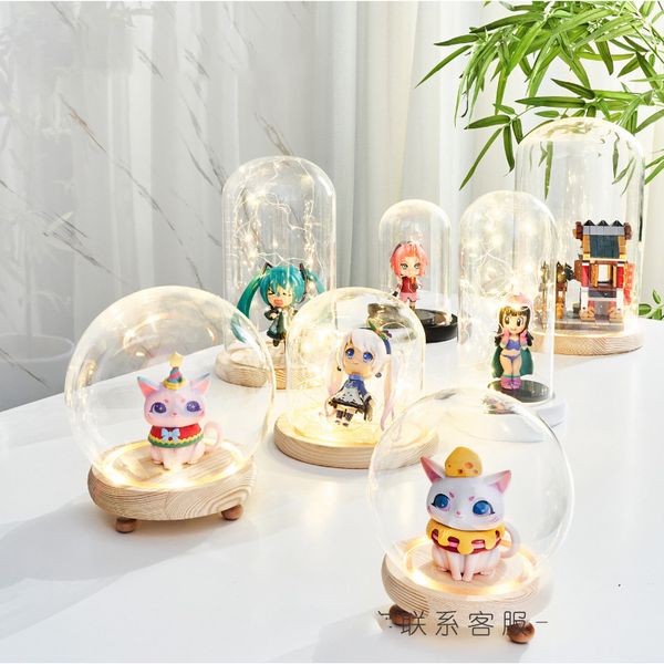 

# novelty items # modern handcraft lighting glass dome cover with wood base landscape figures model display artwork apr.