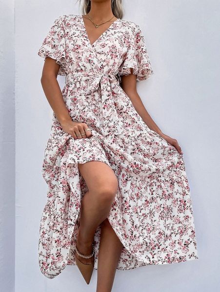 

ditsy floral butterfly sleeve ruffle hem belted dress o73v#, Black;gray