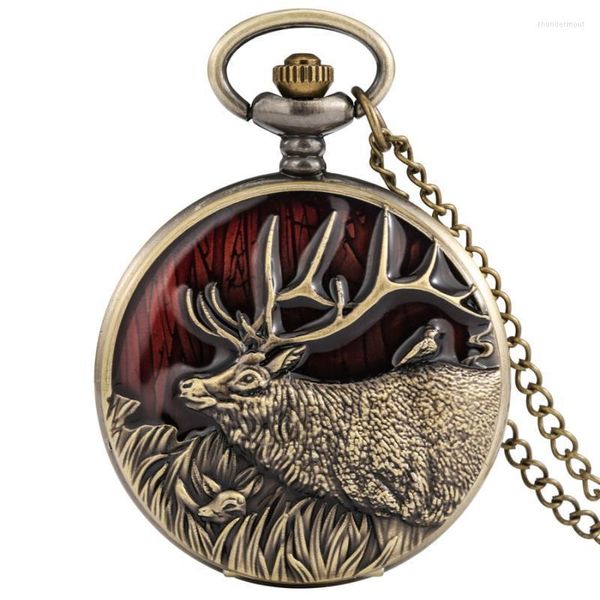 Orologi da tasca 3D Bronzo Creativo Corna lunghe Design alce Orologio al quarzo Collana Cervo Animale Ciondolo Orologio a catena Orologio analogico Fob Steampunk Thun22