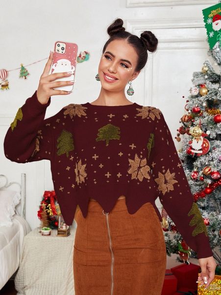 

christmas pattern asymmetrical hem sweater g5vp#, White;black