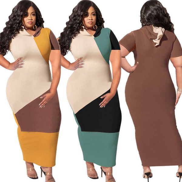 Mulher plus size vestido de emenda com capuz Moda moda esbelta vestido de verão vestido de manga curta casual desgaste diário