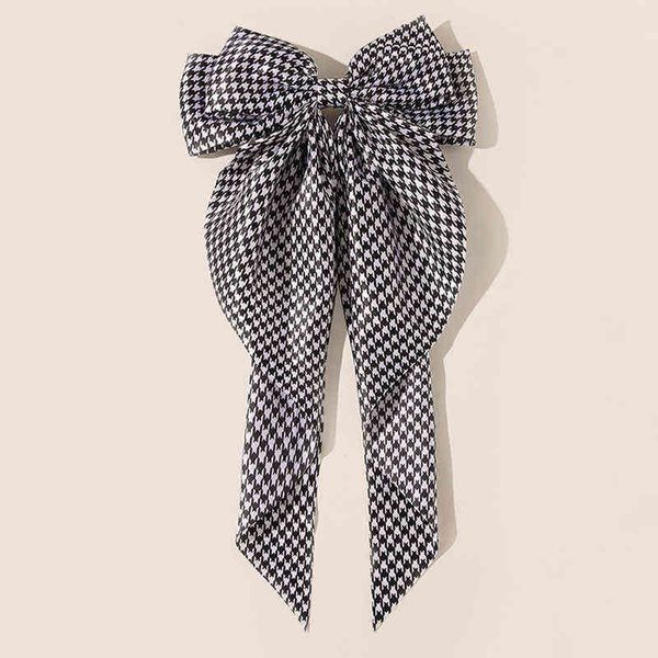 Novo Cabelo Grande Cabelo Clássico Houndstooth Big Bowknot Cetim Barrettes Mulheres Meninas Long Fita Costura Clipe Acessórios AA220323