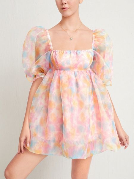 

tie dye puff sleeve square neck organza dress 10iv#, Black;gray