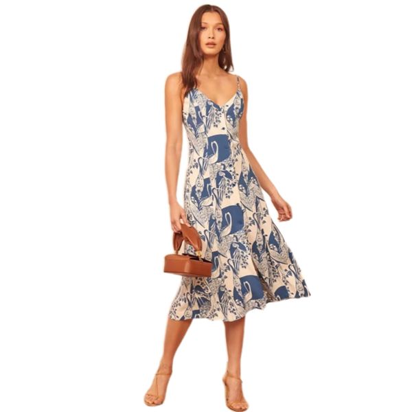 

casual dresses summer for women vintage print elegant chiffon midi dress 2022 v neck spaghetti strap slit sundress clothes, Black;gray