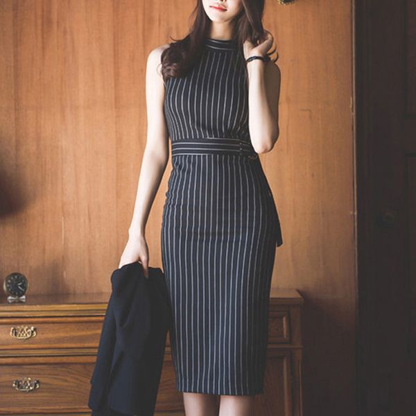 

striped office lady work dress women sleeveless slim summer autumn packaged hip elegant fashion vestido mujer, Black;gray