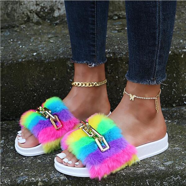

colorful fur slippers women sandals comfort leisure sides shoes summer outdoor flip flops big size 36-43, Black