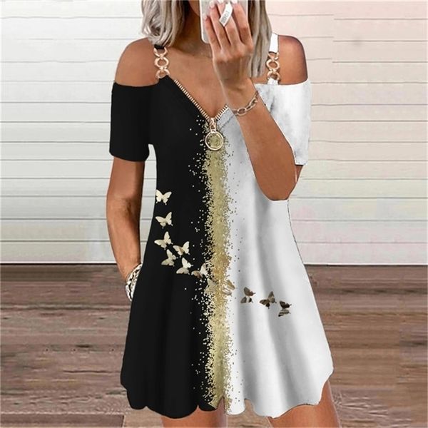 Schmetterlinge 3D-Druck Elegantes Modekleid Damenbekleidung Sommer Reißverschluss V-Ausschnitt Schulterfrei Lässige Minikleider Übergroß 220406