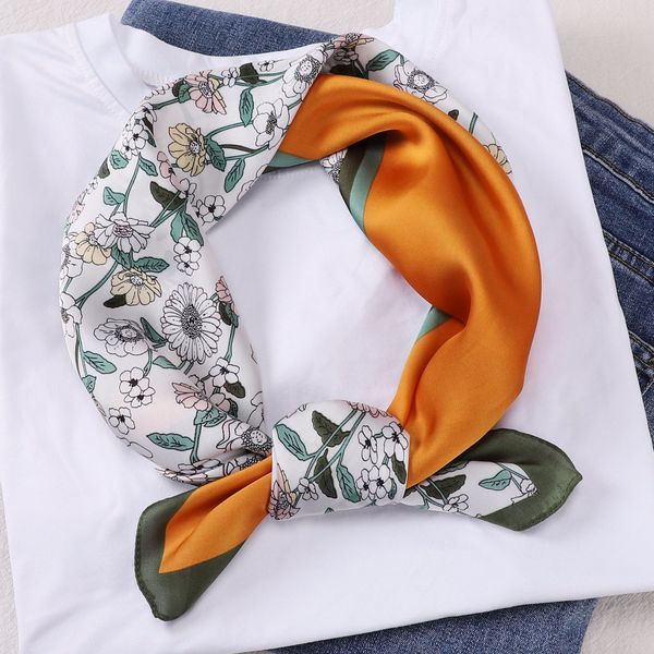 

2022 korean small floral blue silk small square towel womens mulberry silk scarf fresh decoration retro hair band suit, Blue;gray