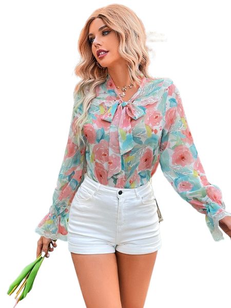 

contrast lace floral print tie neck blouse v0rn#, White