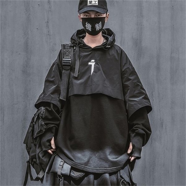 

men techwear streetwear hoodie pockets fashion hooded sweatshirt 220402, Black