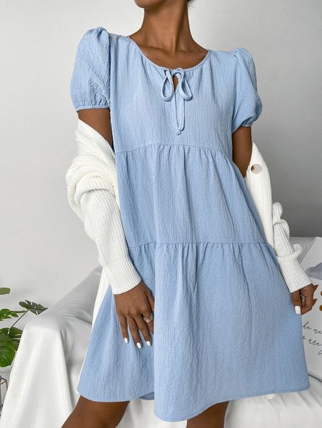 

puff sleeve tie front smock dress o7g9#, Black;gray