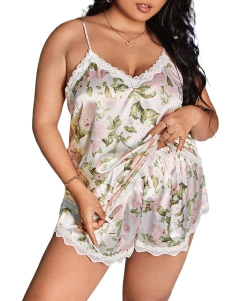 

plus floral print contrast lace trim satin cami pj set h4yo#, Black;white