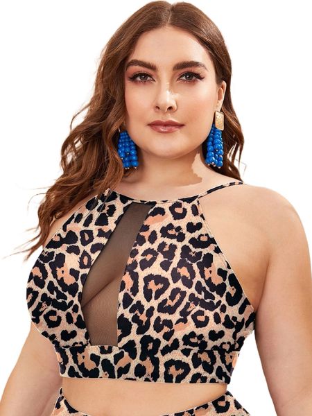 

plus leopard contrast mesh bikini 746x#, Black