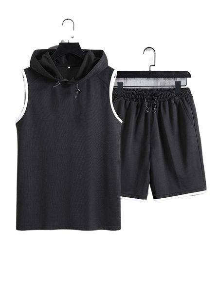 

men contrast binding drawstring hooded tank & shorts 47hk#, Gray