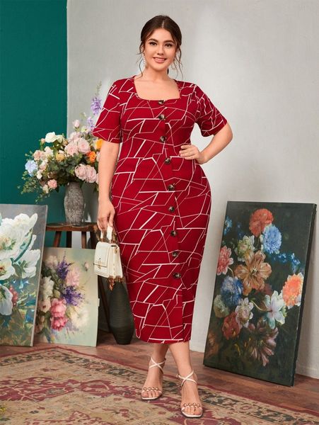 

plus button front geo dress 485g#, Black