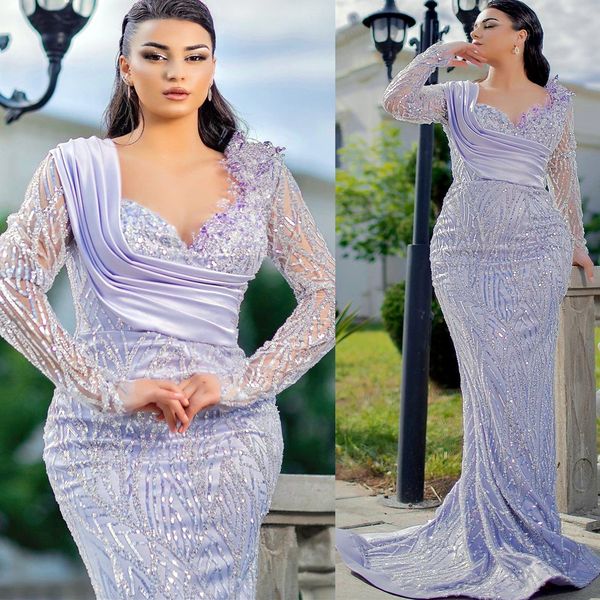 

2022 plus size arabic aso ebi lavender mermaid sparkly prom dresses beaded crystals evening formal party second reception birthday engagemen, Black