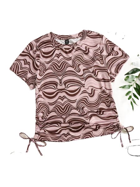 

plus marble print drawstring side tee e3u8#, Black