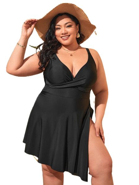 

plus plain twist one piece swimsuit 35hx#, White;black