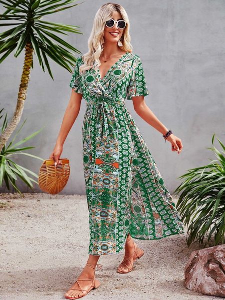 

allover print butterfly sleeve split side belted dress r6x7#, Black;gray