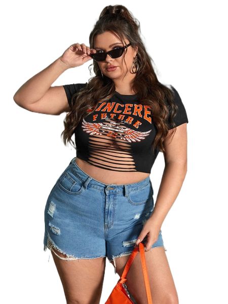 

plus wings & letter graphic cut out crop tee n0xu#, Black