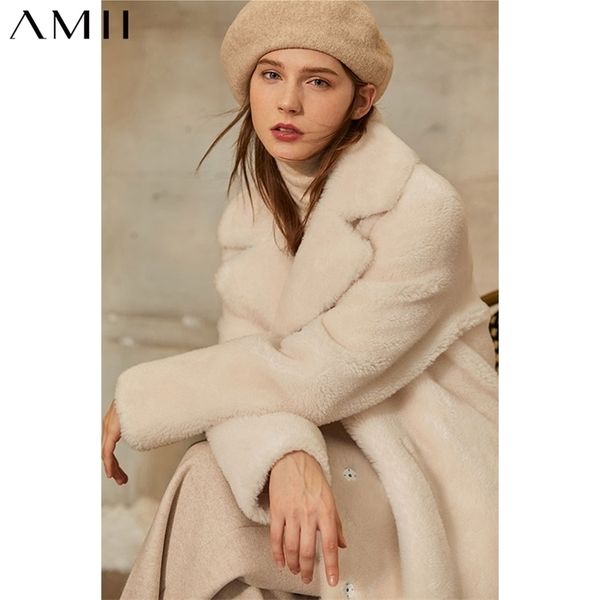 

amii minimalism winter thick fur coat fashion solid lapel straight kneelength womens jacket causal winter coat women 12041044 201214, Black
